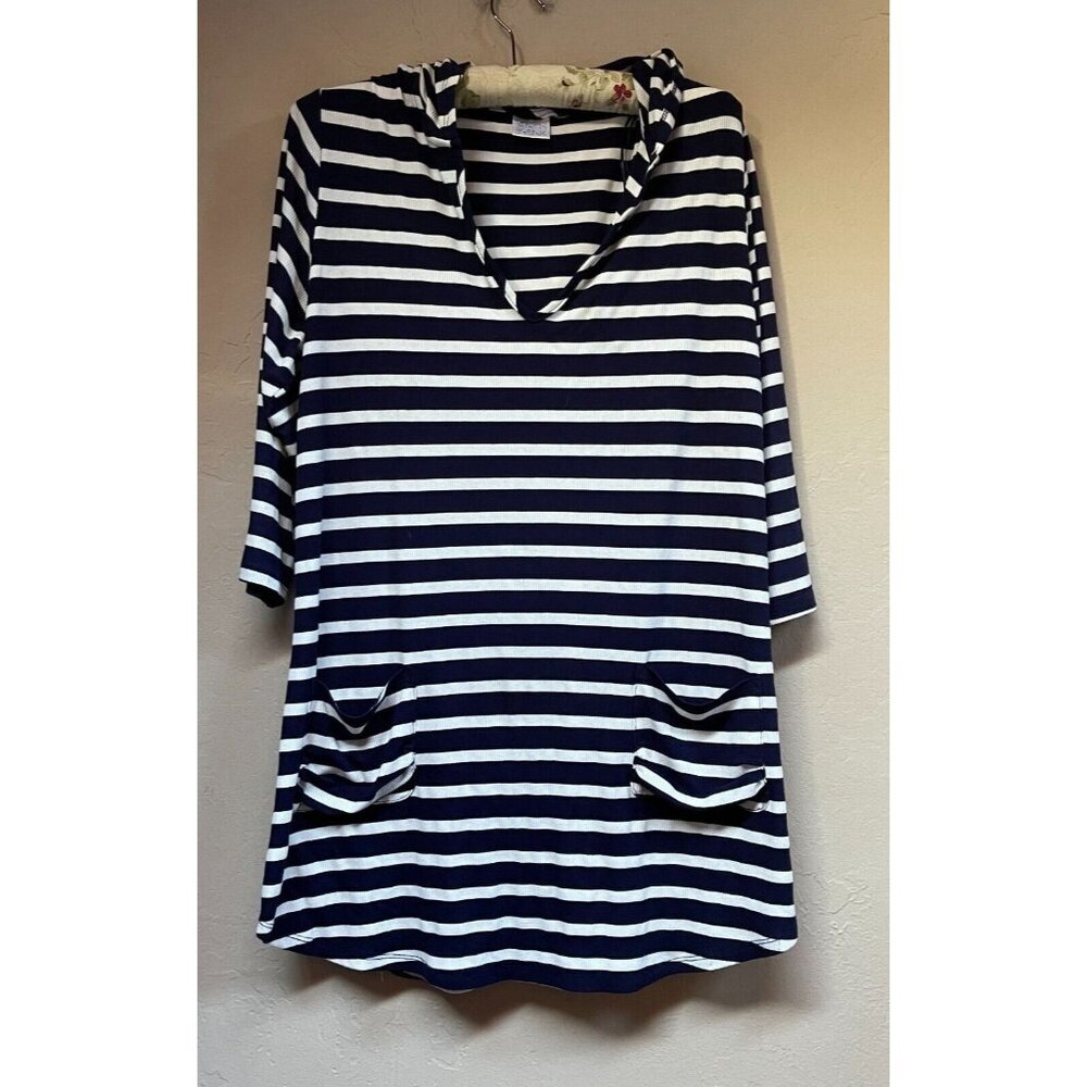 Beach Break Women's Cabana Stripe Hooded Swim Cover-Up Top Blue/White Stretch